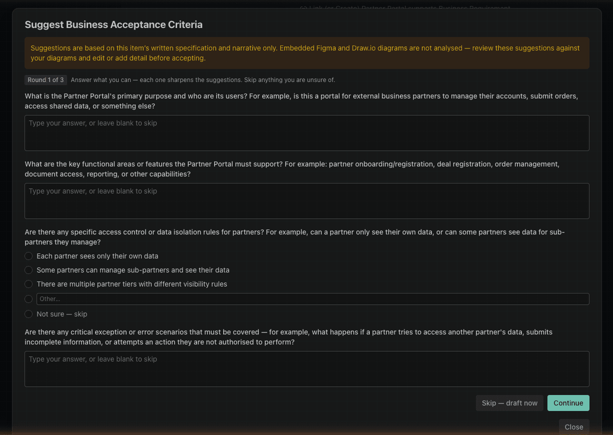 The AI asking clarifying questions before drafting Implementation Acceptance Criteria — Round 1 of 3, with multiple-choice and free-text questions