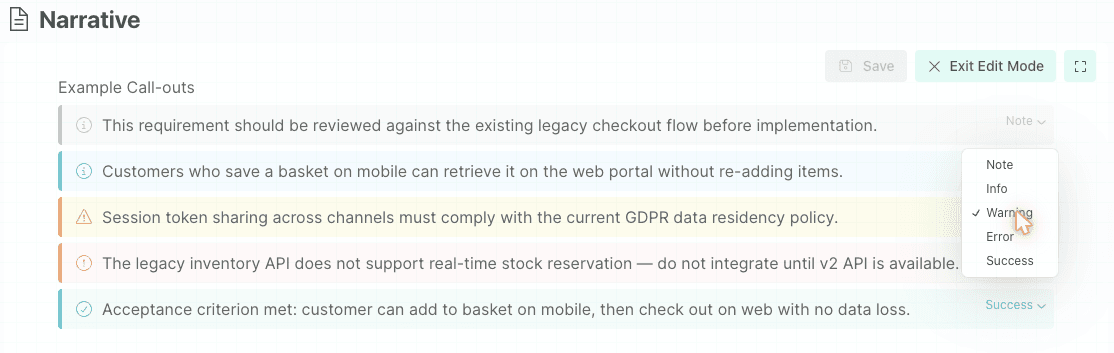 The type selector dropdown open on a Warning callout, showing all five options