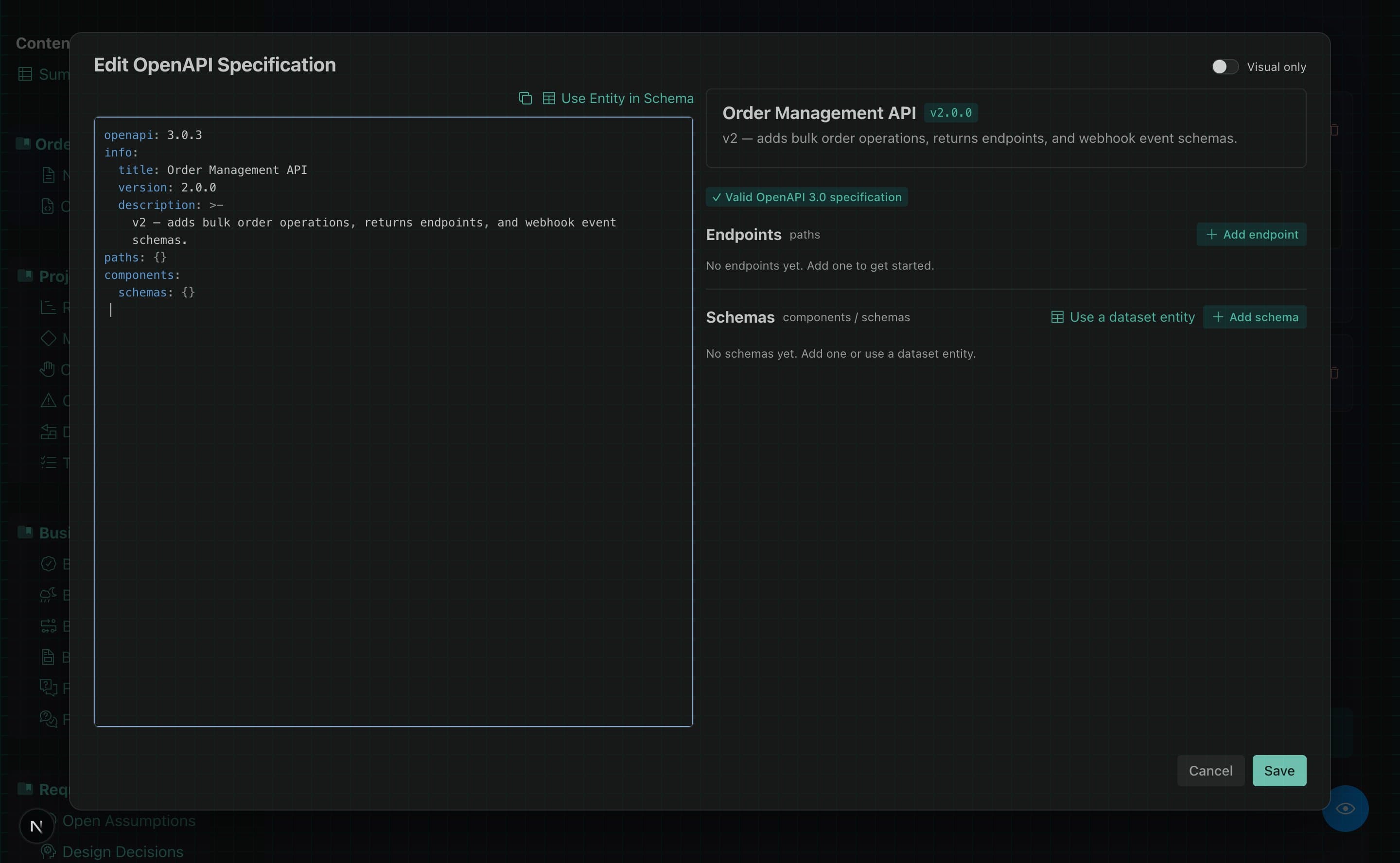 The editor dialog in side-by-side mode, showing the YAML editor on the left and visual preview on the right