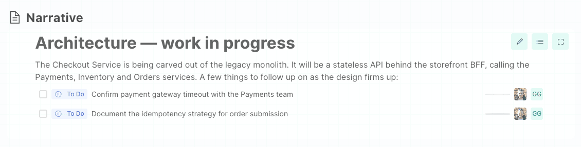 Two created task cards embedded in an Application's in-progress architecture narrative, each showing a status badge, title and assignee