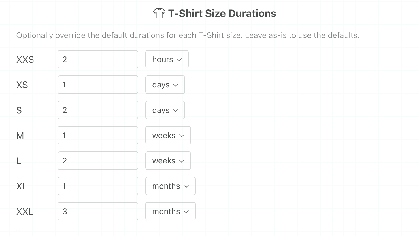 The T-Shirt Size Durations section, with an editable value and unit dropdown for each size from XXS to XXL