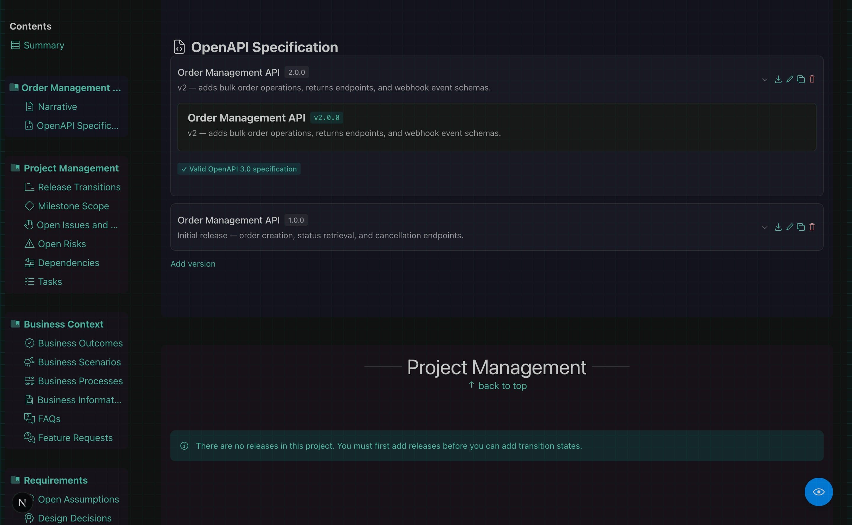 The OpenAPI Specification section showing two versions — v2.0.0 expanded and v1.0.0 collapsed